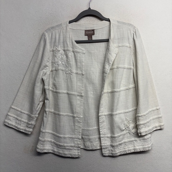 Chico’s cotton striped textured white open jacket cardigan cotton 1/S 3/4 sleeve - Picture 1 of 7